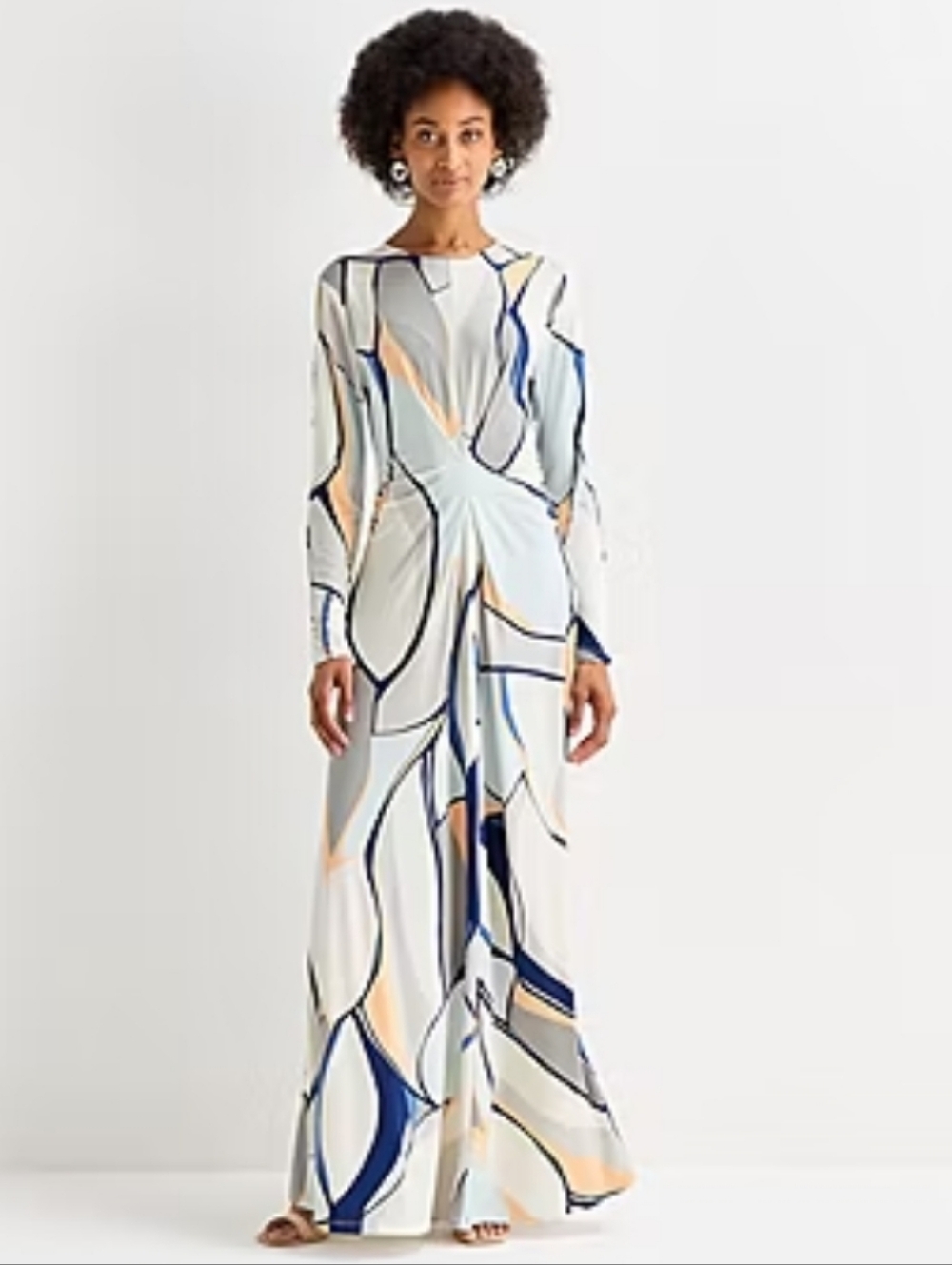 Worthington Abstract Print Long-Sleeve Maxi Dress - White/Blue/Gray